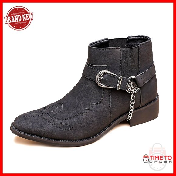 Men's Hand Embroidery Chelsea Boots Slip-On Chunky Heel Western Motorcycle